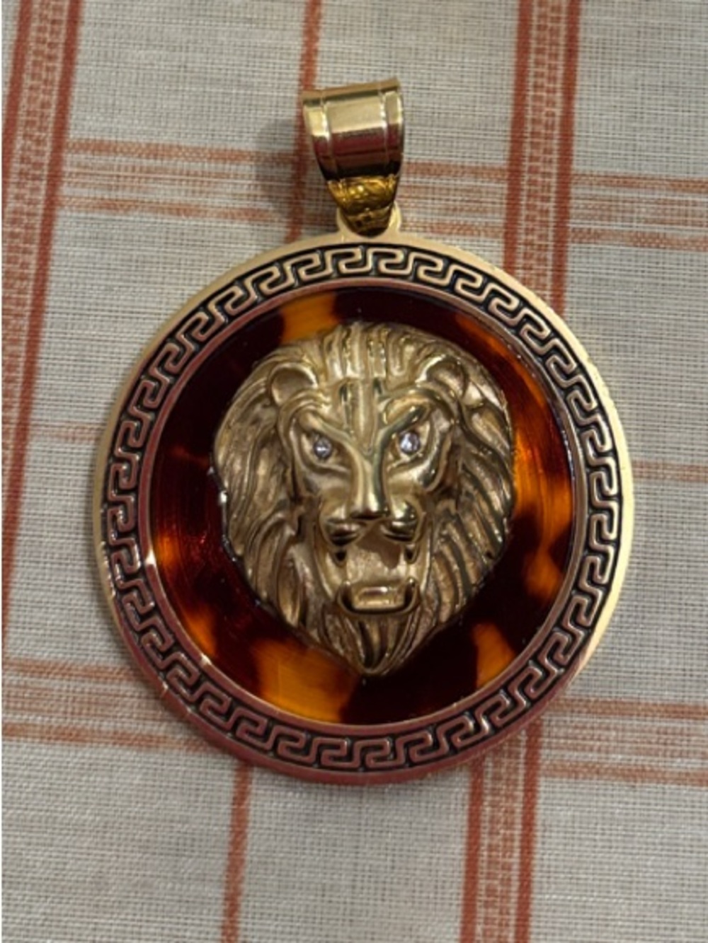 Gold Lion Medallion Pendant with Tortoiseshell Accent